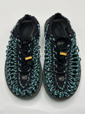 Keen woven cord black and teal slip-on sandals